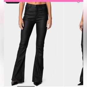 Edikted Womens Luna Faux Leather Black Flare Jeans, Stretchy, Size Medium